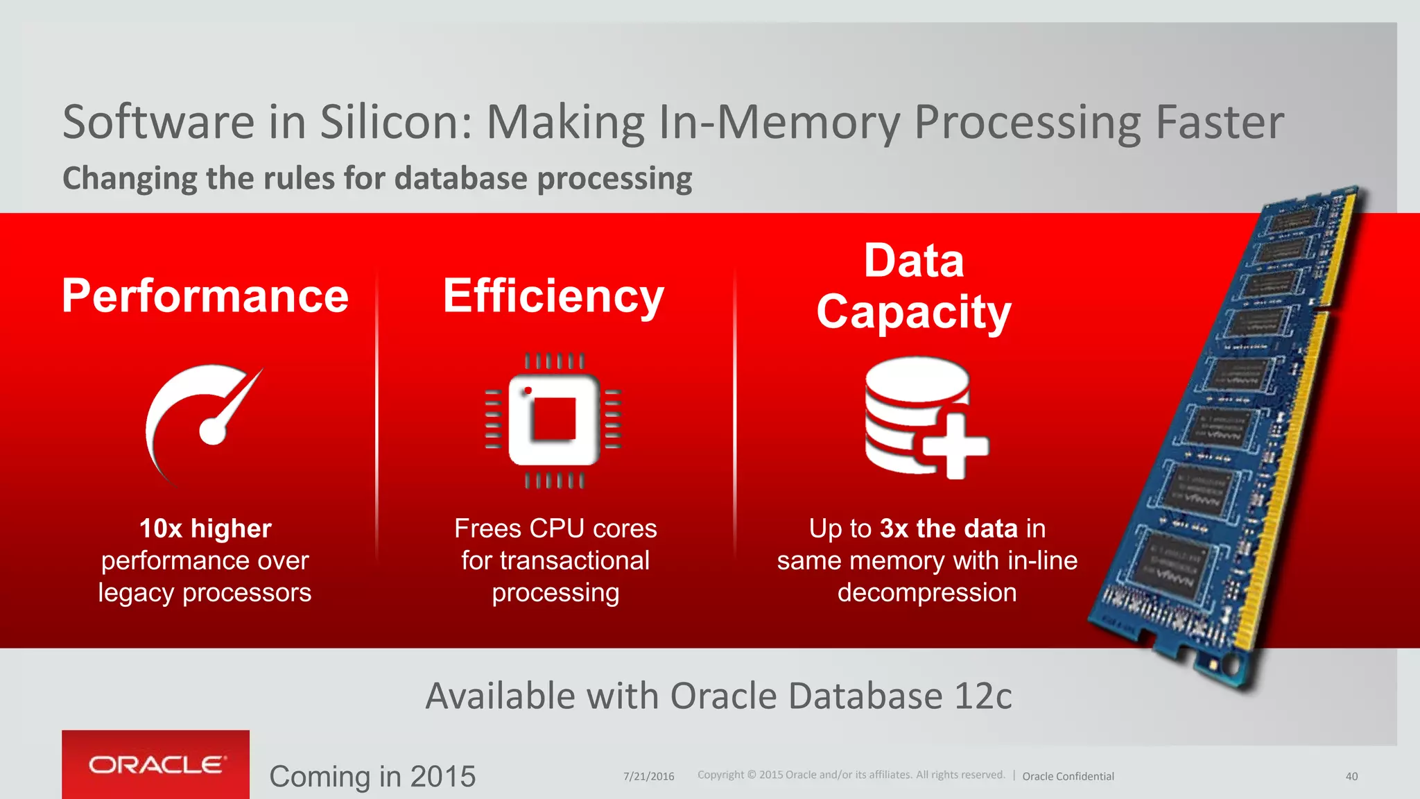 Copyright © 2015 Oracle and/or its affiliates. All rights reserved. |Copyright © 2015 Oracle and/or its affiliates. All rights reserved. |
Changing the rules for database processing
Software in Silicon: Making In-Memory Processing Faster
Available with Oracle Database 12c
10x higher
performance over
legacy processors
Performance Efficiency
Frees CPU cores
for transactional
processing
Data
Capacity
Up to 3x the data in
same memory with in-line
decompression
Coming in 2015 7/21/2016 Oracle Confidential 40
 