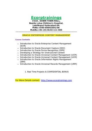 ORACLE ENTERPRISE CONTENT MANAGEMENT Online training Tutorials | Best ORACLE ENTERPRISE CONTENT MANAGEMENT training | Ecorptrainings