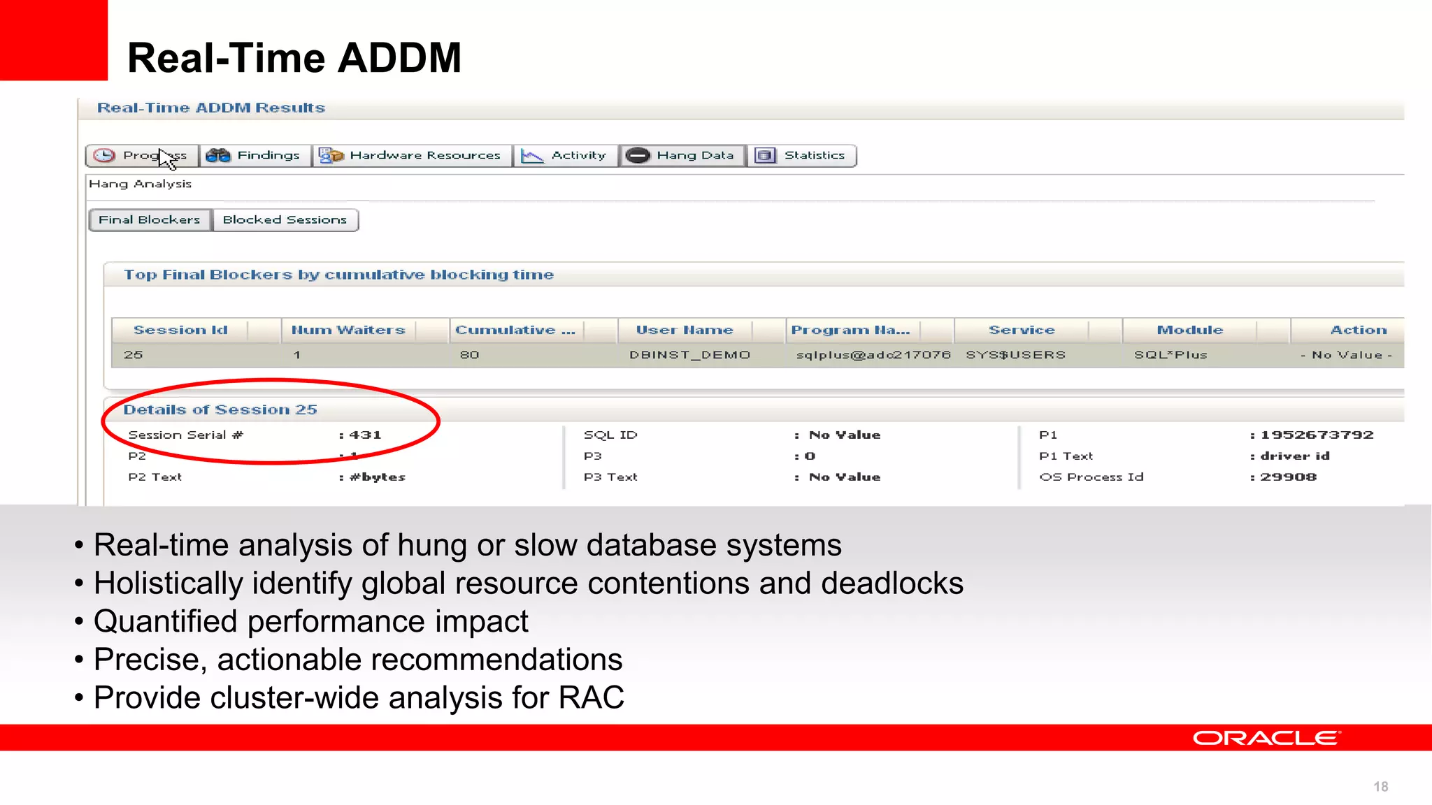 18
Real-Time ADDM
• Real-time analysis of hung or slow database systems
• Holistically identify global resource contentions and deadlocks
• Quantified performance impact
• Precise, actionable recommendations
• Provide cluster-wide analysis for RAC
 