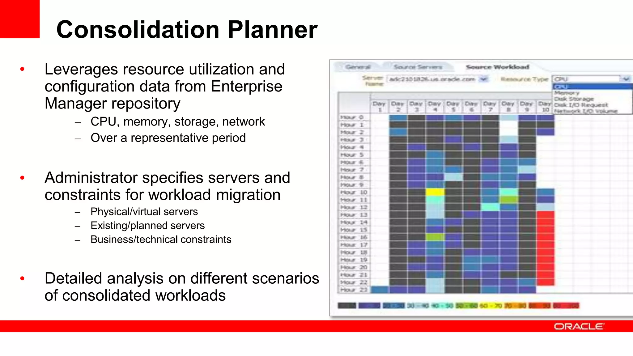 Consolidation Planner
• Leverages resource utilization and
configuration data from Enterprise
Manager repository
– CPU, memory, storage, network
– Over a representative period
• Administrator specifies servers and
constraints for workload migration
– Physical/virtual servers
– Existing/planned servers
– Business/technical constraints
• Detailed analysis on different scenarios
of consolidated workloads
 