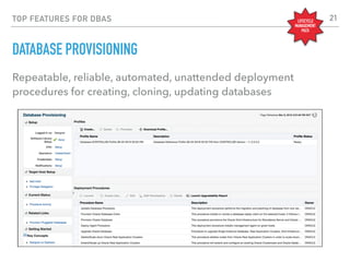 TOP FEATURES FOR DBAS
DATABASE PROVISIONING
Repeatable, reliable, automated, unattended deployment
procedures for creating, cloning, updating databases
LIFECYCLE
MANAGEMENT
PACK
21
 