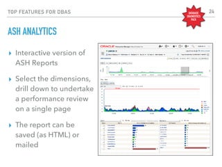 TOP FEATURES FOR DBAS
ASH ANALYTICS
▸ Interactive version of
ASH Reports
▸ Select the dimensions,
drill down to undertake
a performance review
on a single page
▸ The report can be
saved (as HTML) or
mailed
DATABASE
DIAGNOSTICS
PACK
24
 