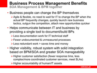 Business Process Management Benefits
 SOA Management & BPM together
• Business people can change the BP themselves
   Agile & flexible, no need to wait for IT to change the BP when the
    actual BP frequently changes, quickly launch new business
    tactics, outgun the competition, attach new opportunities quicker
• Helps communicate between IT and business by
  providing a single tool to document/build BPs
   Less documentation work for IT technical staff
   Fewer undocumented & unmeasured processes
   Less redundant work > saves time and money
• Higher visibility, robust system with solid integration
  based on BPM/SOA and greater SOA manageability
   Higher customer satisfaction (fewer response time, less
    complex/more coordinated customer services, meet SLAs)
   Higher accountability of human/IT assets
 