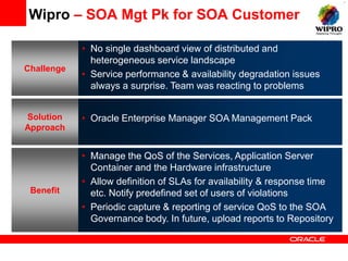 Wipro – SOA Mgt Pk for SOA Customer

            • No single dashboard view of distributed and
              heterogeneous service landscape
Challenge
            • Service performance & availability degradation issues
              always a surprise. Team was reacting to problems


Solution    • Oracle Enterprise Manager SOA Management Pack
Approach


            • Manage the QoS of the Services, Application Server
              Container and the Hardware infrastructure
            • Allow definition of SLAs for availability & response time
 Benefit      etc. Notify predefined set of users of violations
            • Periodic capture & reporting of service QoS to the SOA
              Governance body. In future, upload reports to Repository
 