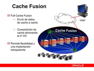 Cache Fusion  Full Cache Fusi o n Envío de datos de  cache  a  cache  Compartición de  cache  eliminando el nº  I/O Permite flexibilidad y una implantación transparente User s Shared Cache Cache Fusion 
