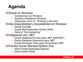 Agenda Oracle en Windows Compromiso con Windows Soporte a Plataforma Windows Integración con S.O.  Windows y Servicios Alta Disponibilidad y Escalabilidad en Windows Oracle Fail Safe Oracle Real Application Cluster (RAC) Hacia el “Grid computing” Integración con .NET Oracle Database Provider para .NET (ODP.NET) Oracle Database Extensions para .NET Oracle Developer Tools para Visual Studio .NET Familia Oracle Standard Edition One Demo Oracle Application Express Demo Instant Portal 