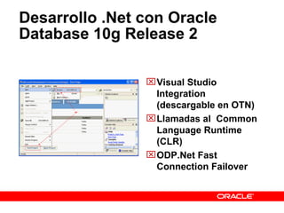 Desarrollo .Net con Oracle Database 10g Release 2  Visual Studio Integration (descargable en OTN) Llamadas al  Common Language Runtime (CLR) ODP.Net Fast Connection Failover  