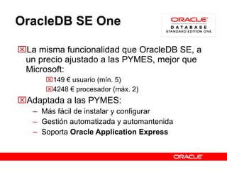 OracleDB SE One La misma funcionalidad que OracleDB SE, a un precio ajustado a las PYMES, mejor que Microsoft: 149 € usuario (mín. 5) 4248 € procesador (máx. 2) Adaptada a las PYMES: Más fácil de instalar y configurar Gestión automatizada y automantenida Soporta  Oracle Application Express 
