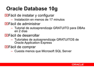 Oracle Database 10g Fácil de instalar y configurar Instalación en menos de 17 minutos Fácil de administrar Tutorial de autoaprendizaje GRATUITO para DBAs en 2 días  Fácil de desarrollar Tutoriales de autoaprendizaje GRATUITOS de Oracle Application Express Fácil de comprar  Cuesta menos que Microsoft SQL Server 