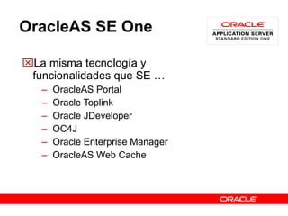OracleAS SE One La misma tecnología y funcionalidades que SE … OracleAS Portal Oracle Toplink Oracle JDeveloper OC4J Oracle Enterprise Manager OracleAS Web Cache 