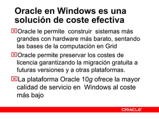 Oracle en Windows es una solución de coste efectiva Oracle le permite  construir  sistemas más grandes con hardware más barato, sentando las bases de la computación en Grid Oracle permite preservar los costes de licencia garantizando la migración gratuita a futuras versiones y a otras plataformas. La plataforma Oracle 10 g  ofrece la mayor calidad de servicio en  Windows al coste más bajo 