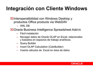 Integración con Cliente Windows Interoperatibilidad con Windows Desktop y productos Office products via WebDAV XML DB  Oracle Business Intelligence Spreadsheet Add-in Fácil instalación Navegar datos de Oracle OLAP en Excel, relacionales y basados en espacios de trabajo analíticos. Query Builder  Insert OLAP Calculation (CalcBuilder) Inserta cálculos de  Excel en área de datos 