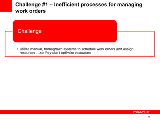 17
Challenge #1 – Inefficient processes for managing
work orders
• Utilize manual, homegrown systems to schedule work orders and assign
resources …so they don’t optimize resources
Challenge
• Integrate best of breed systems to provide accurate and timely forecasting of
cost, schedule and resources to completion
• Provide one access point for all project and resource information
Solution
 