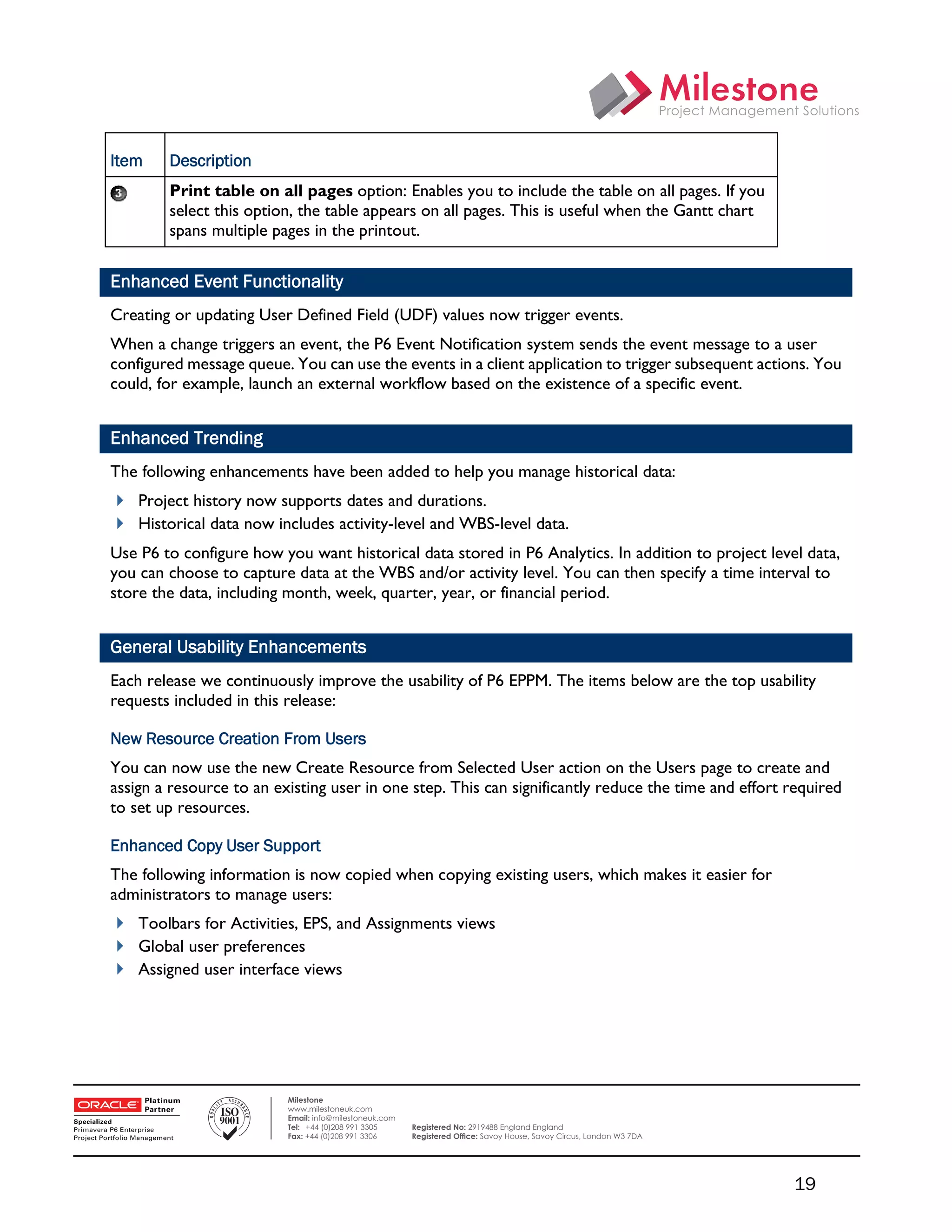 Item    Description
            Print table on all pages option: Enables you to include the table on all pages. If you
            select this option, the table appears on all pages. This is useful when the Gantt chart
            spans multiple pages in the printout.


    Enhanced Event Functionality
    Creating or updating User Defined Field (UDF) values now trigger events.
    When a change triggers an event, the P6 Event Notification system sends the event message to a user
    configured message queue. You can use the events in a client application to trigger subsequent actions. You
    could, for example, launch an external workflow based on the existence of a specific event.


    Enhanced Trending
    The following enhancements have been added to help you manage historical data:
     Project history now supports dates and durations.
     Historical data now includes activity-level and WBS-level data.
    Use P6 to configure how you want historical data stored in P6 Analytics. In addition to project level data,
    you can choose to capture data at the WBS and/or activity level. You can then specify a time interval to
    store the data, including month, week, quarter, year, or financial period.


    General Usability Enhancements
    Each release we continuously improve the usability of P6 EPPM. The items below are the top usability
    requests included in this release:

    New Resource Creation From Users
    You can now use the new Create Resource from Selected User action on the Users page to create and
    assign a resource to an existing user in one step. This can significantly reduce the time and effort required
    to set up resources.

    Enhanced Copy User Support
    The following information is now copied when copying existing users, which makes it easier for
    administrators to manage users:
     Toolbars for Activities, EPS, and Assignments views
     Global user preferences
     Assigned user interface views




 

                              Milestone
                              www.milestoneuk.com
                              Email: info@milestoneuk.com
                              Tel: +44 (0)208 991 3305      Registered No: 2919488 England England
                              Fax: +44 (0)208 991 3306      Registered Ofﬁce: Savoy House, Savoy Circus, London W3 7DA




                                                                                                                         19
 
