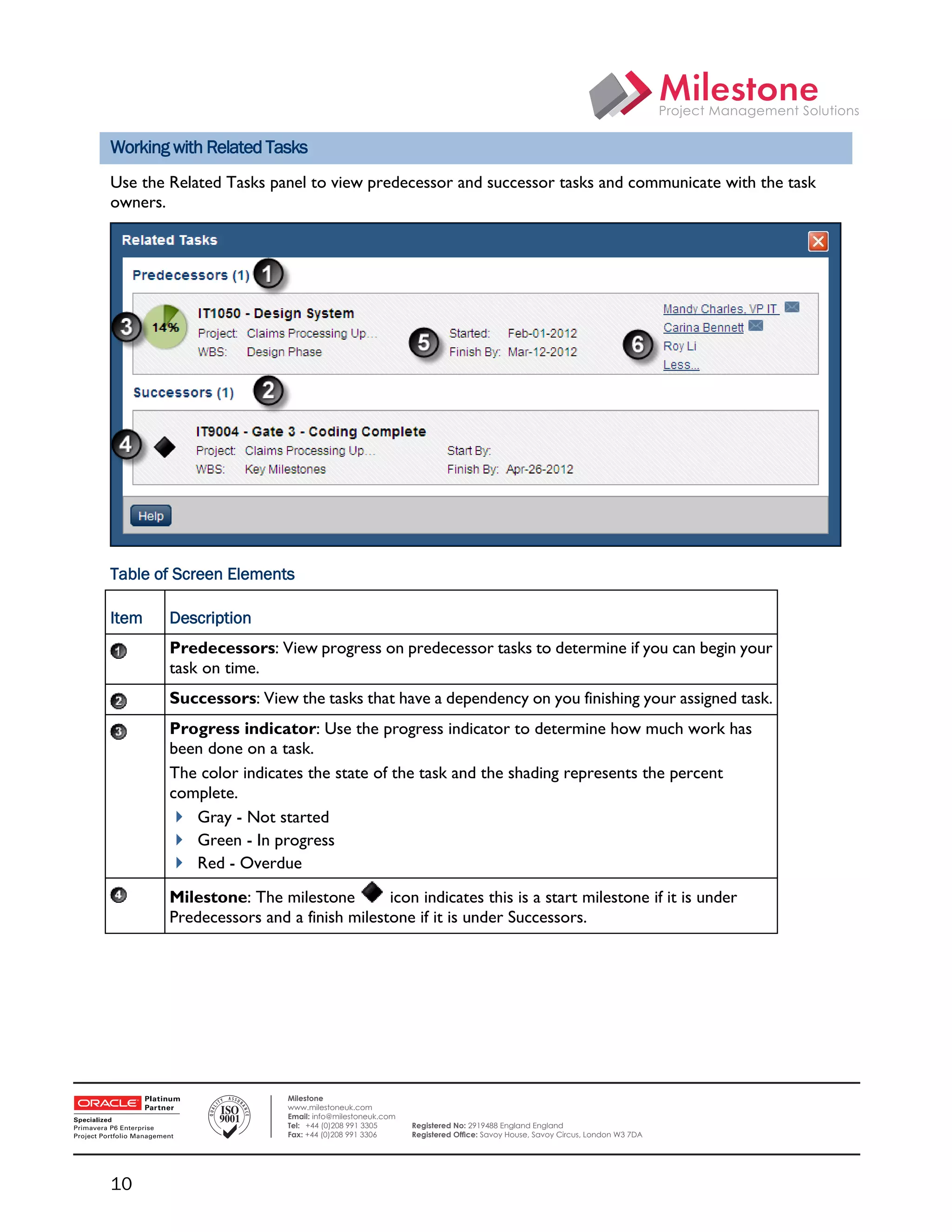 Working with Related Tasks
    Use the Related Tasks panel to view predecessor and successor tasks and communicate with the task
    owners.




    Table of Screen Elements

    Item    Description
            Predecessors: View progress on predecessor tasks to determine if you can begin your
            task on time.
            Successors: View the tasks that have a dependency on you finishing your assigned task.
            Progress indicator: Use the progress indicator to determine how much work has
            been done on a task.
            The color indicates the state of the task and the shading represents the percent
            complete.
             Gray - Not started
             Green - In progress
             Red - Overdue
            Milestone: The milestone        icon indicates this is a start milestone if it is under
            Predecessors and a finish milestone if it is under Successors.




 

                              Milestone
                              www.milestoneuk.com
                              Email: info@milestoneuk.com
                              Tel: +44 (0)208 991 3305      Registered No: 2919488 England England
                              Fax: +44 (0)208 991 3306      Registered Ofﬁce: Savoy House, Savoy Circus, London W3 7DA




    10
 