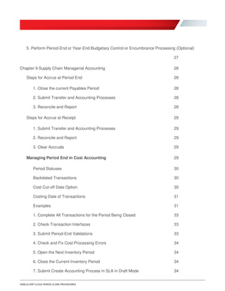ORACLE ERP CLOUD PERIOD CLOSE PROCEDURES
5. Perform Period-End or Year-End Budgetary Control or Encumbrance Processing (Optional)
27
Chapter 9 Supply Chain Managerial Accounting 28
Steps for Accrue at Period End 28
1. Close the current Payables Period 28
2. Submit Transfer and Accounting Processes 28
3. Reconcile and Report 28
Steps for Accrue at Receipt 29
1. Submit Transfer and Accounting Processes 29
2. Reconcile and Report 29
3. Clear Accruals 29
Managing Period End in Cost Accounting 29
Period Statuses 30
Backdated Transactions 30
Cost Cut-off Date Option 30
Costing Date of Transactions 31
Examples 31
1. Complete All Transactions for the Period Being Closed 33
2. Check Transaction Interfaces 33
3. Submit Period-End Validations 33
4. Check and Fix Cost Processing Errors 34
5. Open the Next Inventory Period 34
6. Close the Current Inventory Period 34
7. Submit Create Accounting Process in SLA in Draft Mode 34
 