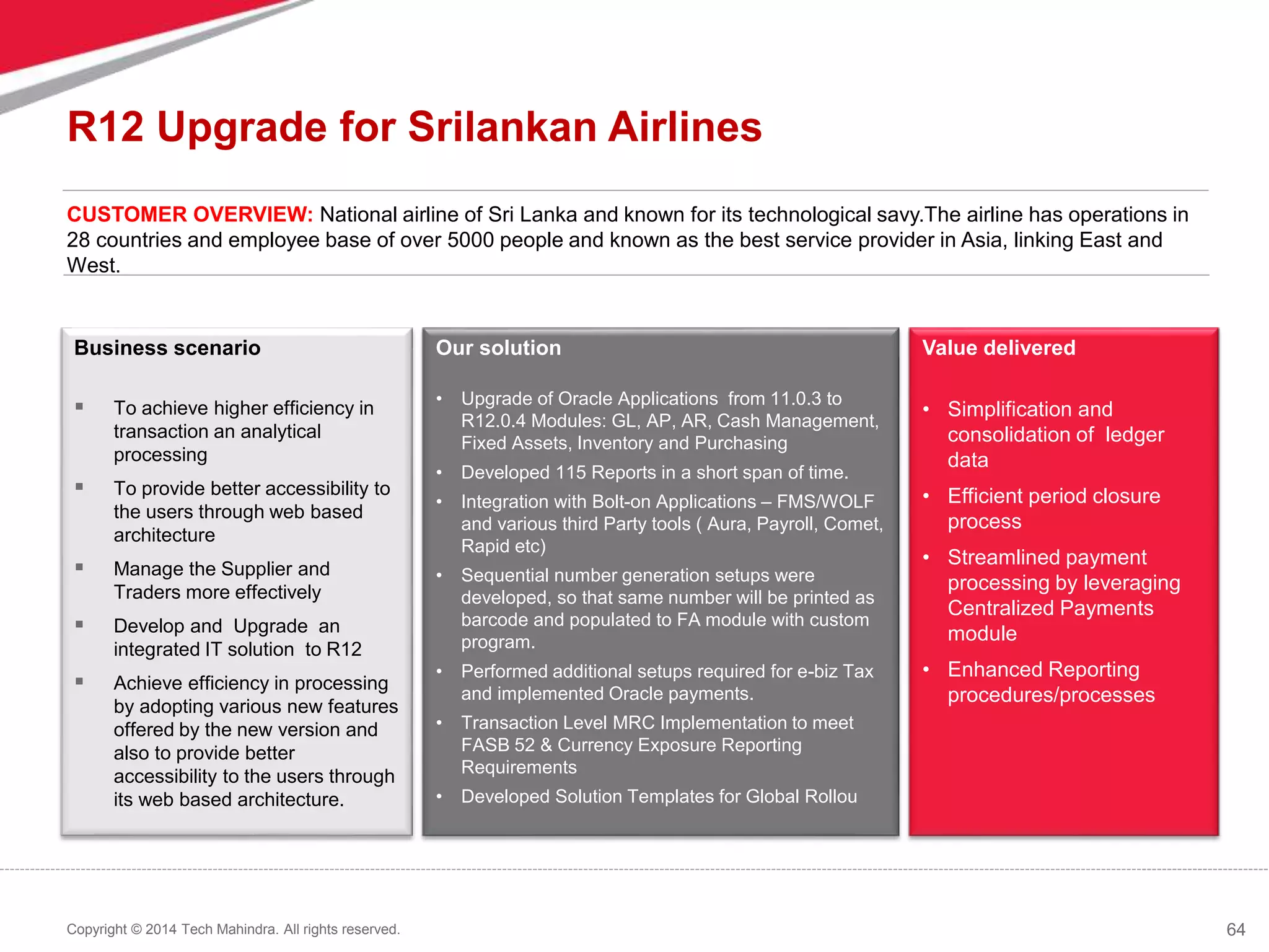 64
Copyright © 2014 Tech Mahindra. All rights reserved.
R12 Upgrade for Srilankan Airlines
CUSTOMER OVERVIEW: National airline of Sri Lanka and known for its technological savy.The airline has operations in
28 countries and employee base of over 5000 people and known as the best service provider in Asia, linking East and
West.
Business scenario
 To achieve higher efficiency in
transaction an analytical
processing
 To provide better accessibility to
the users through web based
architecture
 Manage the Supplier and
Traders more effectively
 Develop and Upgrade an
integrated IT solution to R12
 Achieve efficiency in processing
by adopting various new features
offered by the new version and
also to provide better
accessibility to the users through
its web based architecture.
Our solution
• Upgrade of Oracle Applications from 11.0.3 to
R12.0.4 Modules: GL, AP, AR, Cash Management,
Fixed Assets, Inventory and Purchasing
• Developed 115 Reports in a short span of time.
• Integration with Bolt-on Applications – FMS/WOLF
and various third Party tools ( Aura, Payroll, Comet,
Rapid etc)
• Sequential number generation setups were
developed, so that same number will be printed as
barcode and populated to FA module with custom
program.
• Performed additional setups required for e-biz Tax
and implemented Oracle payments.
• Transaction Level MRC Implementation to meet
FASB 52 & Currency Exposure Reporting
Requirements
• Developed Solution Templates for Global Rollou
Value delivered
• Simplification and
consolidation of ledger
data
• Efficient period closure
process
• Streamlined payment
processing by leveraging
Centralized Payments
module
• Enhanced Reporting
procedures/processes
 