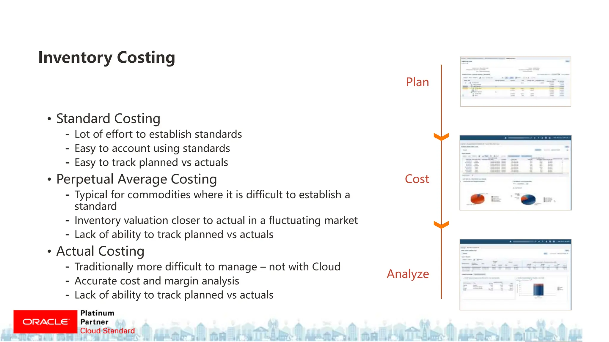 • Standard Costing
- Lot of effort to establish standards
- Easy to account using standards
- Easy to track planned vs actuals
• Perpetual Average Costing
- Typical for commodities where it is difficult to establish a
standard
- Inventory valuation closer to actual in a fluctuating market
- Lack of ability to track planned vs actuals
• Actual Costing
- Traditionally more difficult to manage – not with Cloud
- Accurate cost and margin analysis
- Lack of ability to track planned vs actuals
Inventory Costing
Plan
Analyze
Cost
 