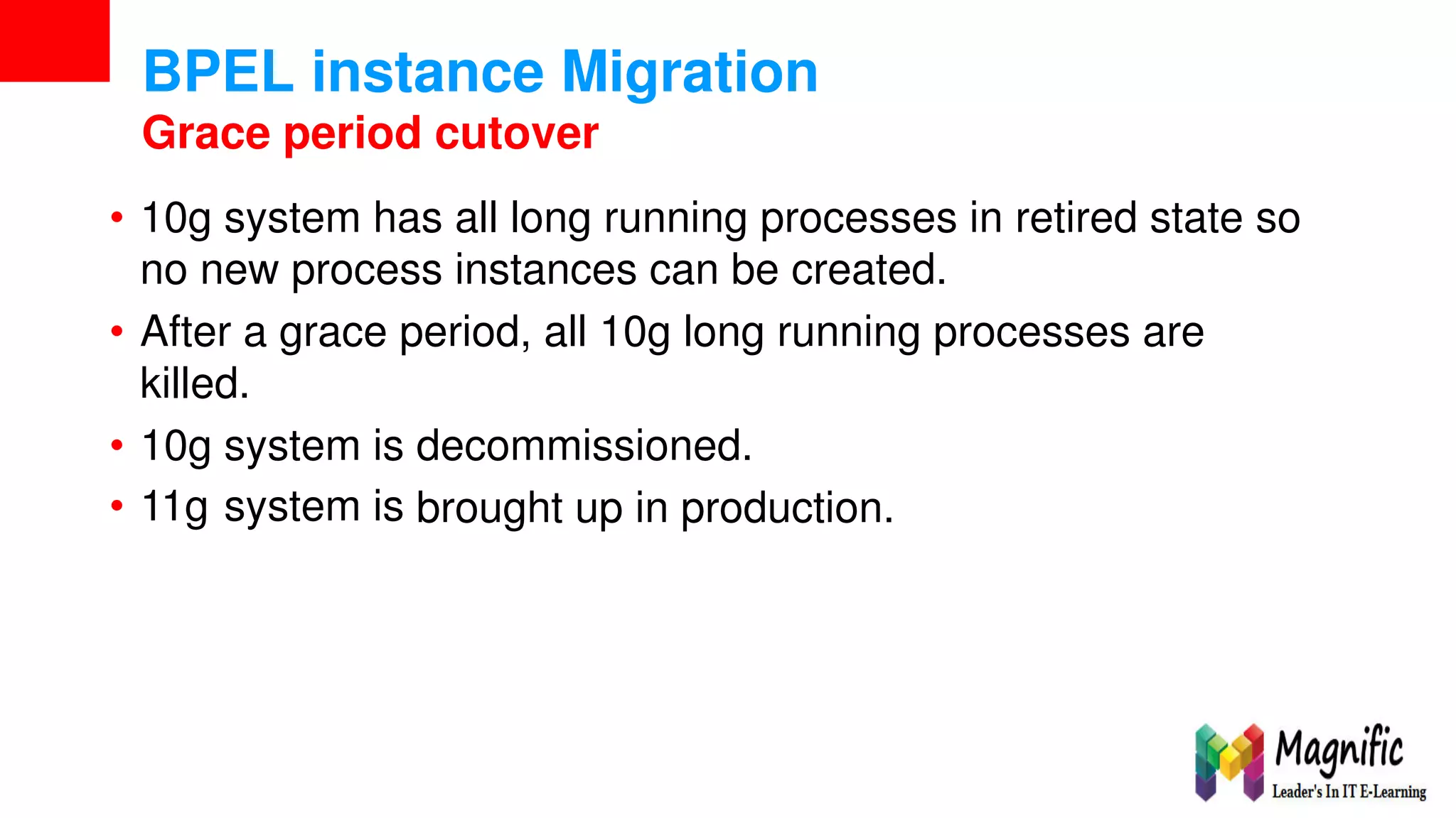 BPEL instance Migration
Grace period cutover
• 10g system has all long running processes in retired state so
no new process instances can be created.
• After a grace period, all 10g long running processes are
killed.
•
•
10g
11g
system
system
is
is
decommissioned.
brought up in production.
 