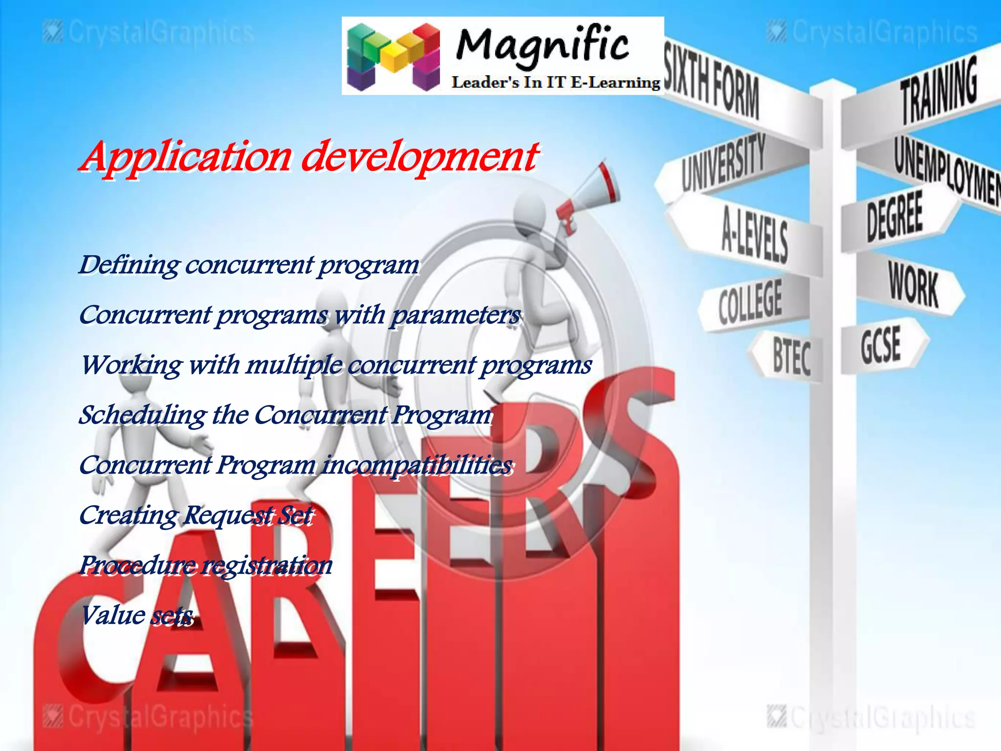 Application development
Defining concurrent program
Concurrent programs with parameters
Working with multiple concurrent programs
Scheduling the Concurrent Program
Concurrent Program incompatibilities
Creating Request Set
Procedure registration
Value sets
 