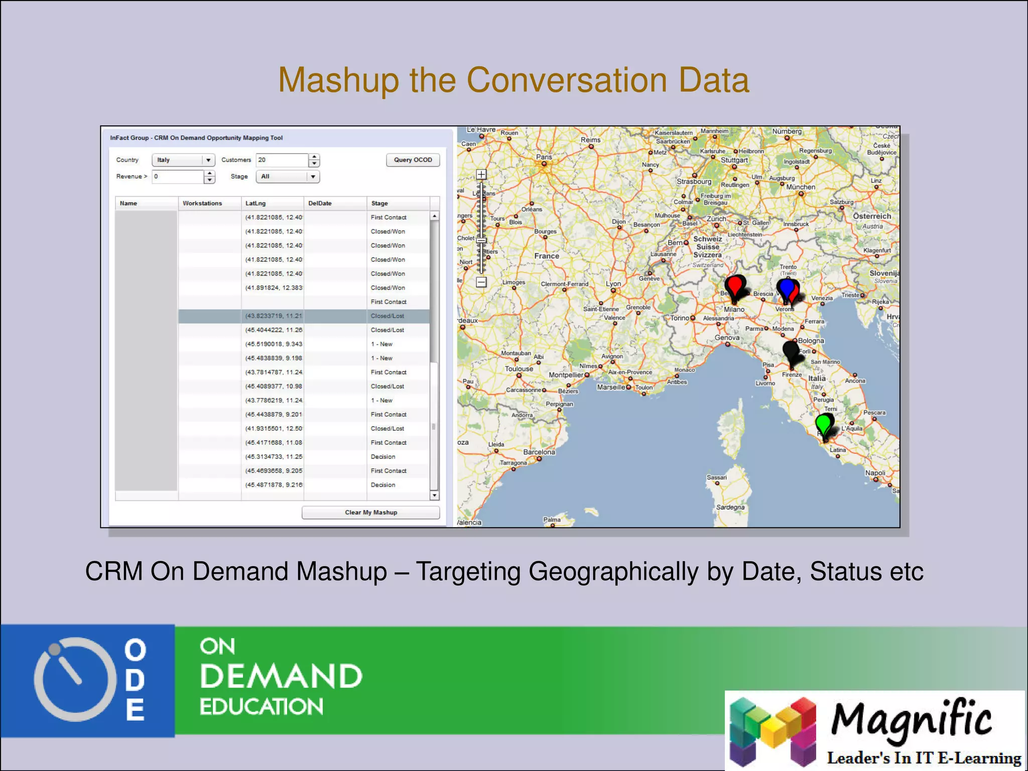 Mashup the Conversation Data
CRM On Demand Mashup – Targeting Geographically by Date, Status etc
 