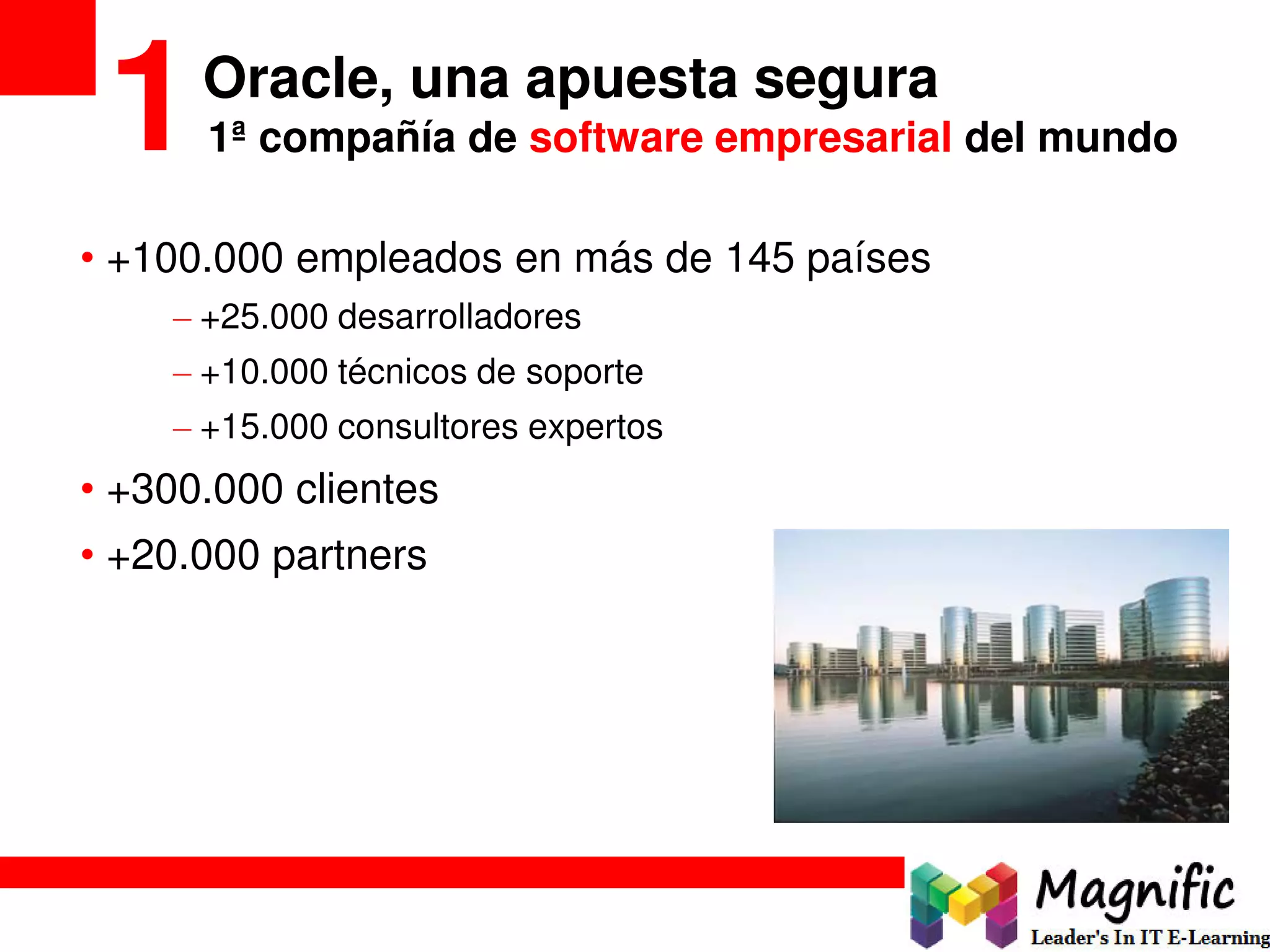 11ª compañía de software empresarial del mundo
Oracle, una apuesta segura
• +100.000 empleados en más de 145 países
– +25.000 desarrolladores
– +10.000 técnicos de soporte
– +15.000 consultores expertos
• +300.000 clientes
• +20.000 partners
 