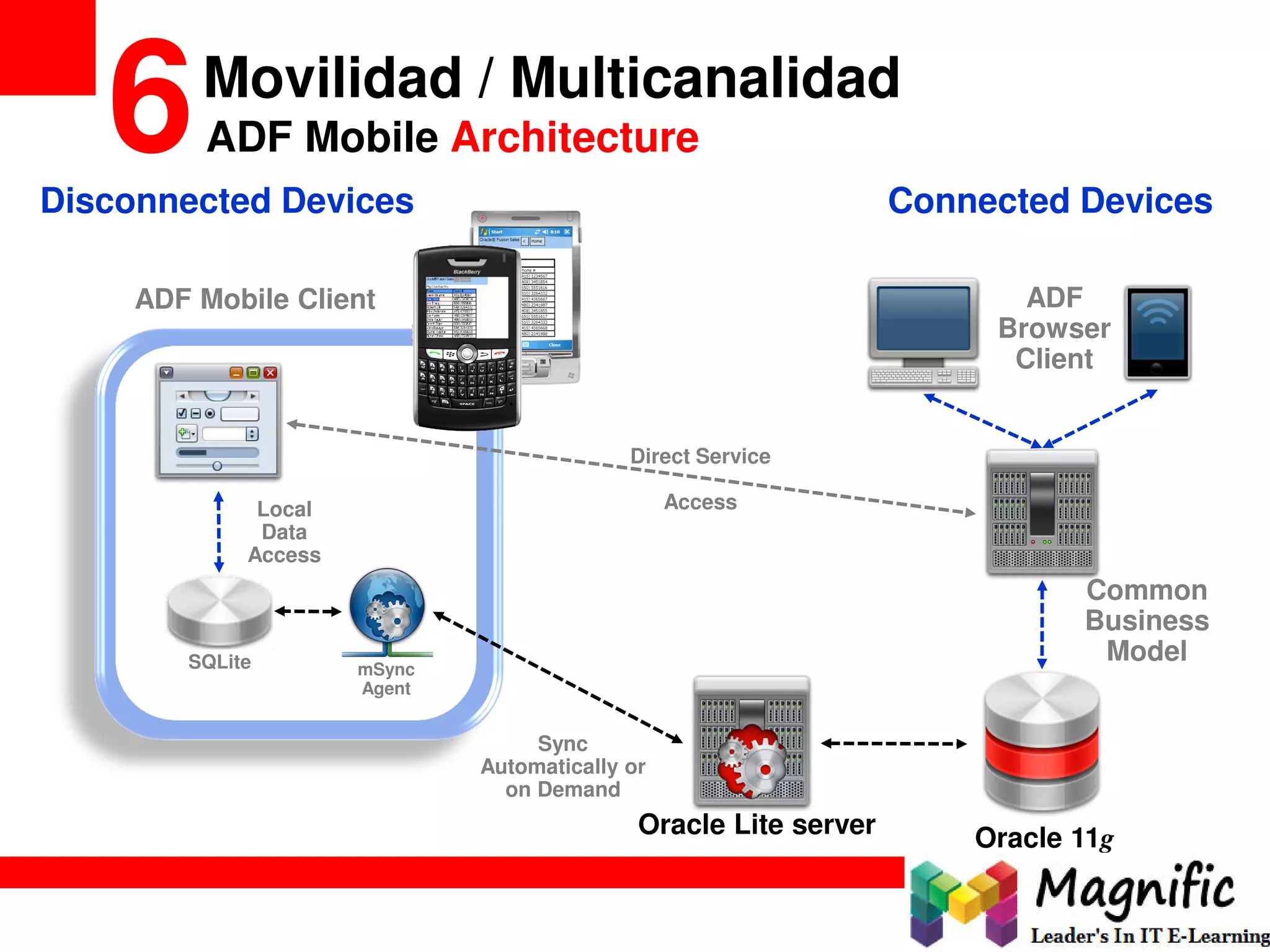 Movilidad / Multicanalidad
6ADF Mobile Architecture
Oracle Lite server
Connected Devices
SQLite mSync
Agent
Disconnected Devices
Common
Business
Model
ADF
Browser
Client
ADF Mobile Client
Direct Service
AccessLocal
Data
Access
Sync
Automatically or
on Demand
Oracle 11g
 