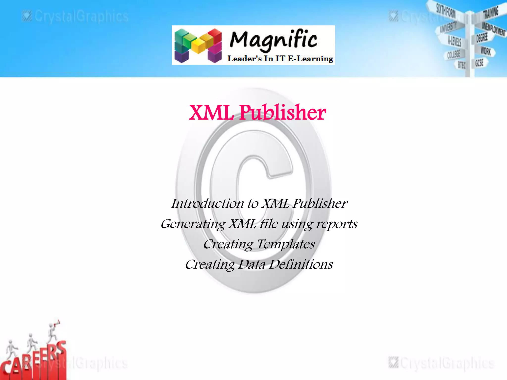 XML Publisher
XML Publisher
Introduction to XML Publisher
Generating XML file using reports
Creating Templates
Creating Data Definitions
 