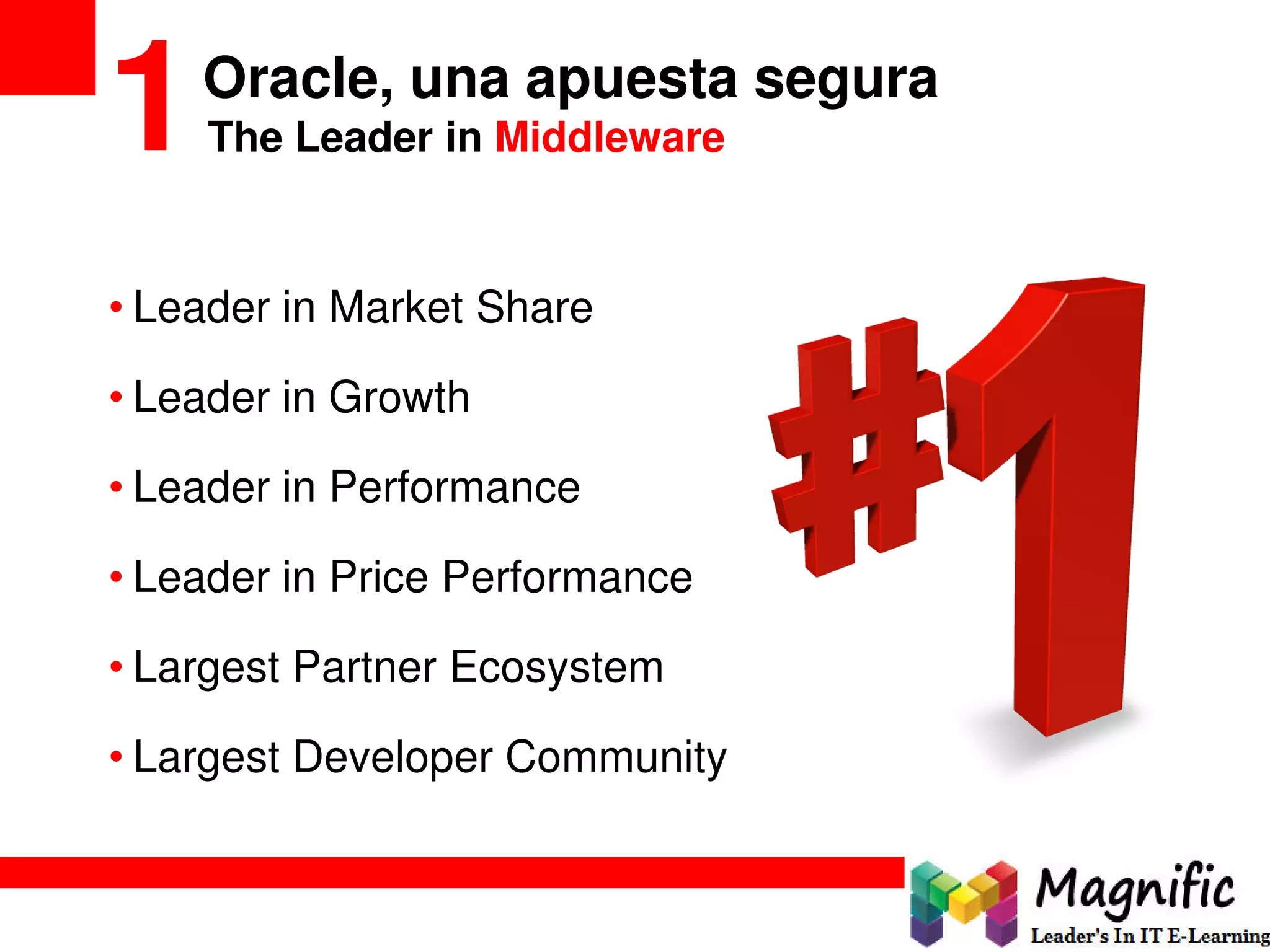 • Leader in Market Share
• Leader in Growth
• Leader in Performance
• Leader in Price Performance
• Largest Partner Ecosystem
• Largest Developer Community
1The Leader in Middleware
Oracle, una apuesta segura
 