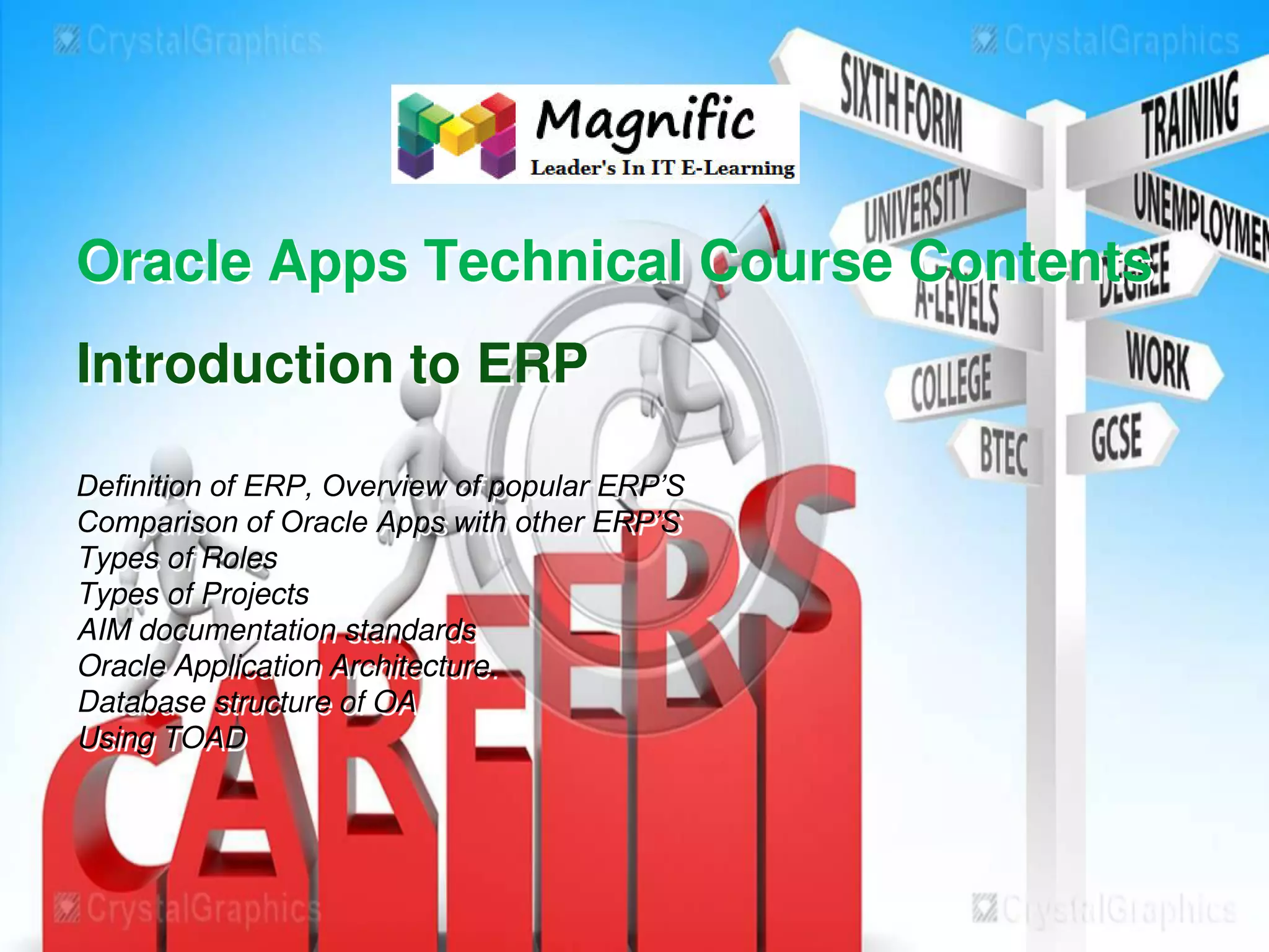 Oracle Apps Technical Course Contents
Introduction to ERP
Definition of ERP, Overview of popular ERP’S
Comparison of Oracle Apps with other ERP’S
Types of Roles
Types of Projects
AIM documentation standards
Oracle Application Architecture.
Database structure of OA
Using TOAD
 