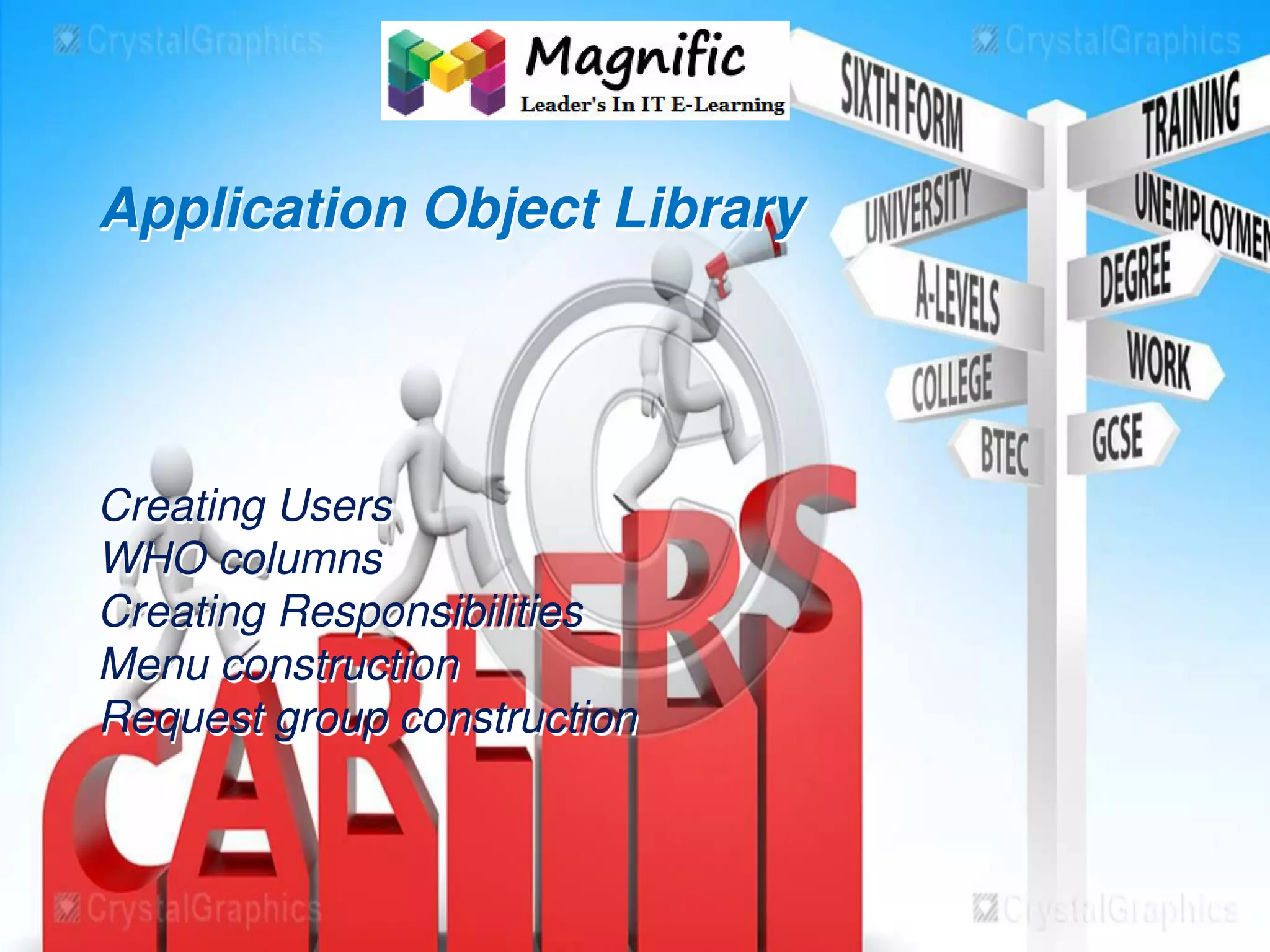 Application Object Library
Creating Users
WHO columns
Creating Responsibilities
Menu construction
Request group construction
 