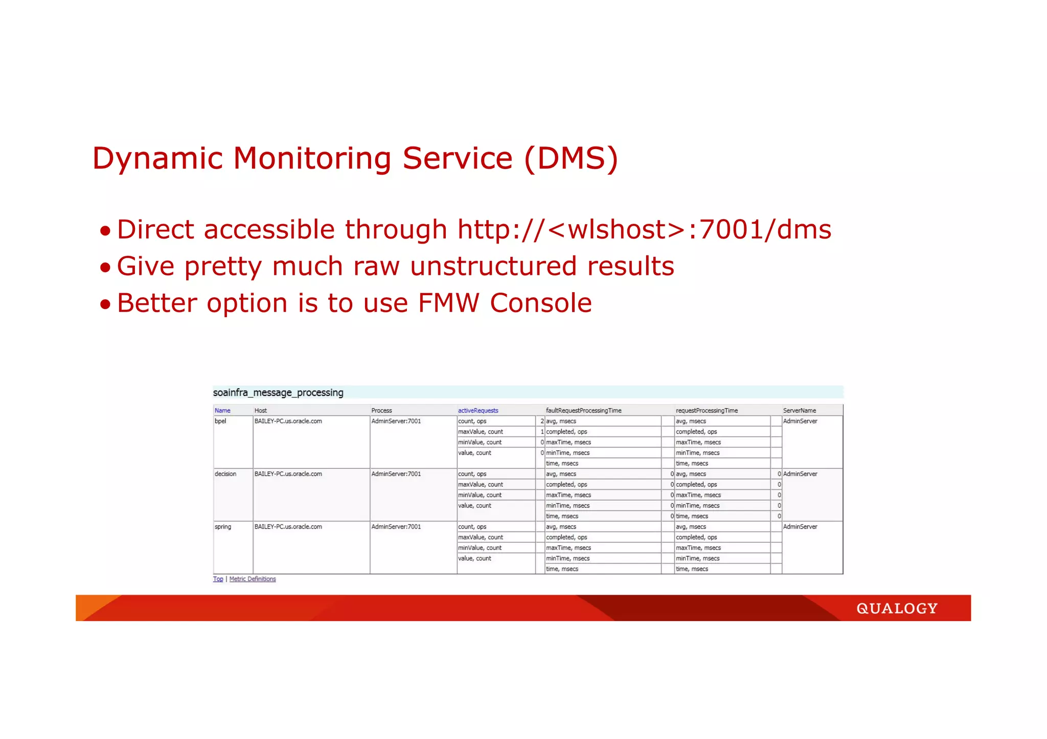 Dynamic Monitoring Service (DMS)
• Direct accessible through http://<wlshost>:7001/dms
• Give pretty much raw unstructured results
• Better option is to use FMW Console
 