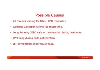 Possible Causes
• All threads waiting for RJVM, RMI responses.
• Garbage Collection taking too much time.
• Long Running JDBC calls or , connection leaks, deadlocks
• JVM hang during code optimization
• JSP compilation under heavy load.
 