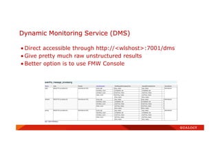 Dynamic Monitoring Service (DMS)
• Direct accessible through http://<wlshost>:7001/dms
• Give pretty much raw unstructured results
• Better option is to use FMW Console
 