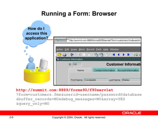 2-6 Copyright © 2004, Oracle. All rights reserved.
Running a Form: Browser
http://summit.com:8889/forms90/f90servlet
?form=customers.fmx&userid=username/password@database
&buffer_records=NO&debug_messages=NO&array=YES
&query_only=NO
http://summit.com:8889/forms90/f90servlet?form=customers.fmx&userid=
How do I
access this
application?
 