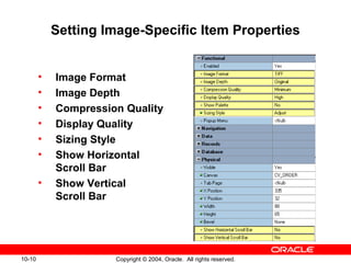 10-10 Copyright © 2004, Oracle. All rights reserved.
Setting Image-Specific Item Properties
• Image Format
• Image Depth
• Compression Quality
• Display Quality
• Sizing Style
• Show Horizontal
Scroll Bar
• Show Vertical
Scroll Bar
 
