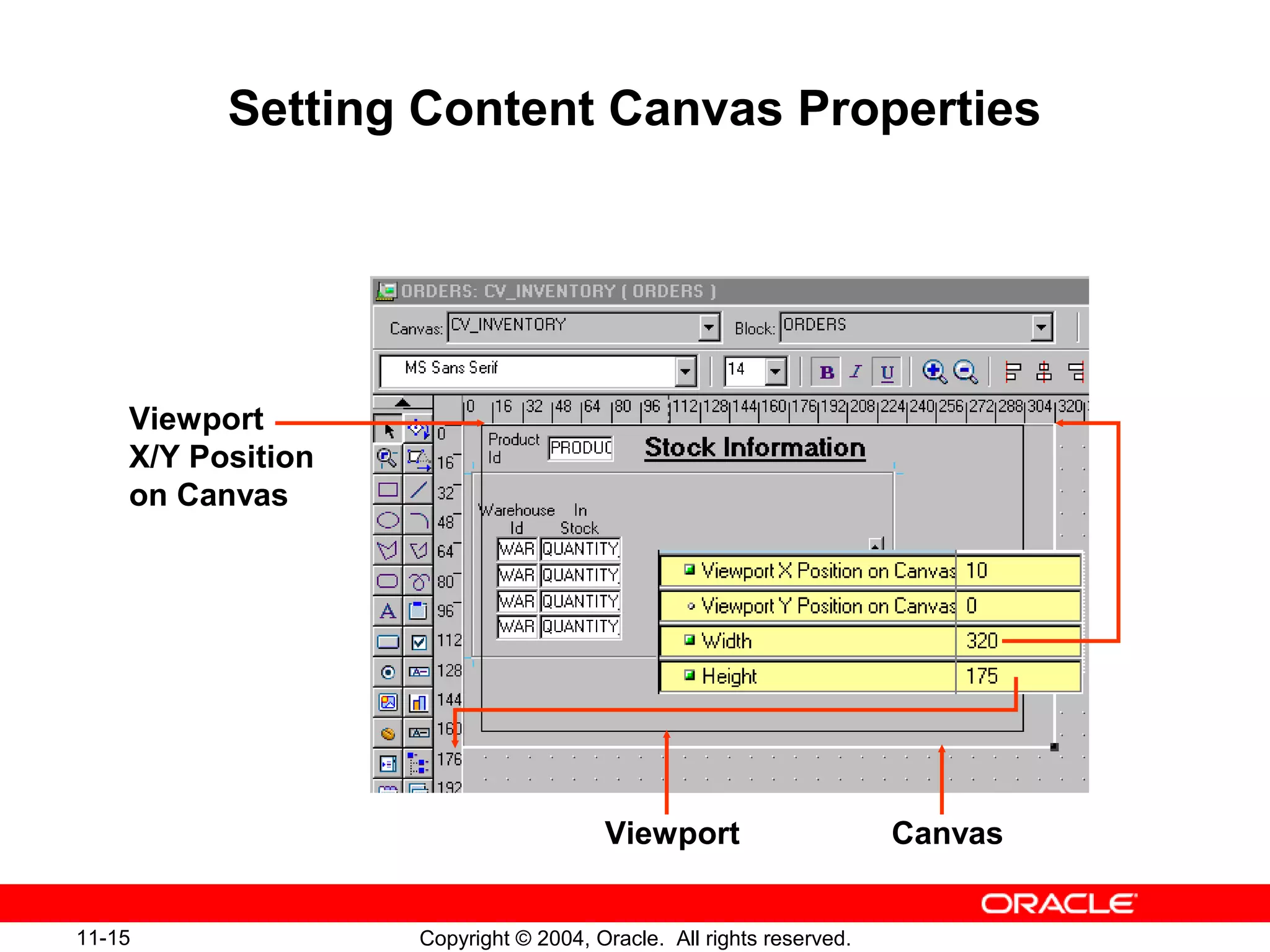 11-15 Copyright © 2004, Oracle. All rights reserved.
Setting Content Canvas Properties
Viewport
X/Y Position
on Canvas
CanvasViewport
 