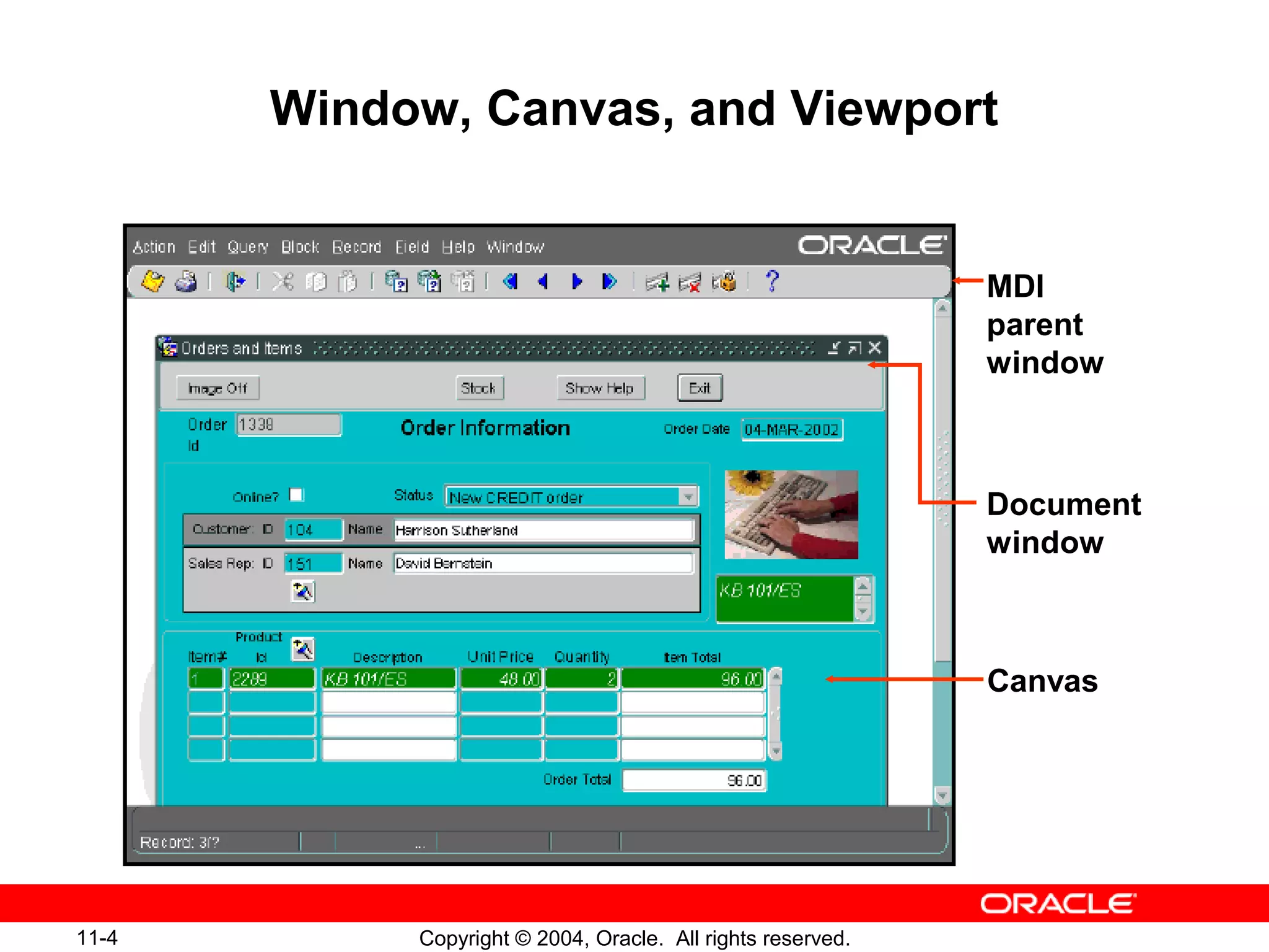 11-4 Copyright © 2004, Oracle. All rights reserved.
Window, Canvas, and Viewport
MDI
parent
window
Document
window
Canvas
 
