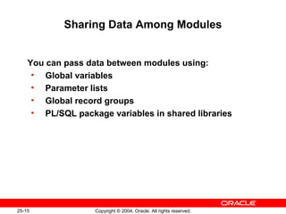 25-15 Copyright © 2004, Oracle. All rights reserved.
Sharing Data Among Modules
You can pass data between modules using:
• Global variables
• Parameter lists
• Global record groups
• PL/SQL package variables in shared libraries
 