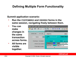 25-8 Copyright © 2004, Oracle. All rights reserved.
Defining Multiple Form Functionality
Summit application scenario:
• Run the CUSTOMERS and ORDERS forms in the
same session, navigating freely between them.
• You can
make
changes in
the same
transaction
across forms.
• All forms are
visible
together.
 