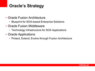 Oracle’s Strategy
• Oracle Fusion Architecture
• Blueprint for SOA-based Enterprise Solutions
• Oracle Fusion Middleware
• Technology Infrastructure for SOA Applications
• Oracle Applications
• Protect, Extend, Evolve through Fusion Architecture
 