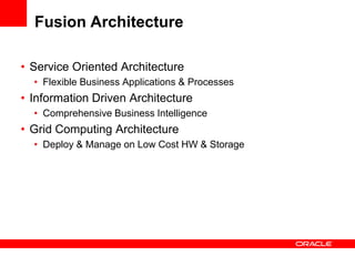 Fusion Architecture
• Service Oriented Architecture
• Flexible Business Applications & Processes
• Information Driven Architecture
• Comprehensive Business Intelligence
• Grid Computing Architecture
• Deploy & Manage on Low Cost HW & Storage
 