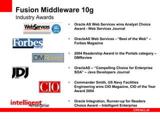  Oracle AS Web Services wins Analyst Choice
Award - Web Services Journal
 OracleAS Web Services - “Best of the Web” –
Forbes Magazine
 2004 Readership Award in the Portals category –
DMReview
 OracleAS – “Compelling Choice for Enterprise
SOA” – Java Developers Journal
 Commander Smith, US Navy Facilities
Engineering wins CIO Magazine, CIO of the Year
Award 2004
 Oracle Integration, Runner-up for Readers
Choice Award – Intelligent Enterprise
Fusion Middleware 10g
Industry Awards
 