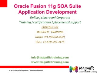 © 2011/12/13 Oracle Corporation – Restricted Distribution 1
Oracle Fusion 11g SOA Suite
Application Development
Online | classroom| Corporate
Training | certifications | placements| support
CONTACT US:
MAGNIFIC TRAINING
INDIA +91-9052666559
USA : +1-678-693-3475
info@magnifictraining.com
www.magnifictraining.com
 