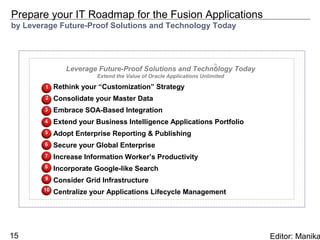 Prepare your IT Roadmap for the Fusion Applications
by Leverage Future-Proof Solutions and Technology Today



                                                                    3
               Leverage Future-Proof Solutions and Technology Today
                        Extend the Value of Oracle Applications Unlimited

        1   Rethink your “Customization” Strategy
        2   Consolidate your Master Data
        3   Embrace SOA-Based Integration
        4   Extend your Business Intelligence Applications Portfolio
        5   Adopt Enterprise Reporting & Publishing
        6   Secure your Global Enterprise
        7   Increase Information Worker’s Productivity
        8   Incorporate Google-like Search
        9   Consider Grid Infrastructure
       10   Centralize your Applications Lifecycle Management




15                                                                          Editor: Manika
 