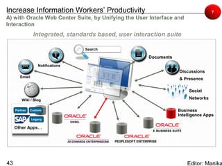 Increase Information Workers’ Productivity                                          7
A) with Oracle Web Center Suite, by Unifying the User Interface and
Interaction
                 Integrated, standards based, user interaction suite

                                   Search

                                                        Documents
                   Notifications
                                                                    Discussions
        Email
                                                                    & Presence

                                                                         Social

         Wiki / Blog                                                     Networks

     Partner   Custom                                               Business
                                                                    Intelligence Apps
                Legacy

     Other Apps…




43                                                                      Editor: Manika
 