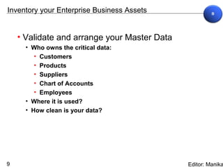 Inventory your Enterprise Business Assets


    • Validate and arrange your Master Data
      • Who owns the critical data:
         • Customers
         • Products
         • Suppliers
         • Chart of Accounts
         • Employees
      • Where it is used?
      • How clean is your data?




9                                             Editor: Manika
 