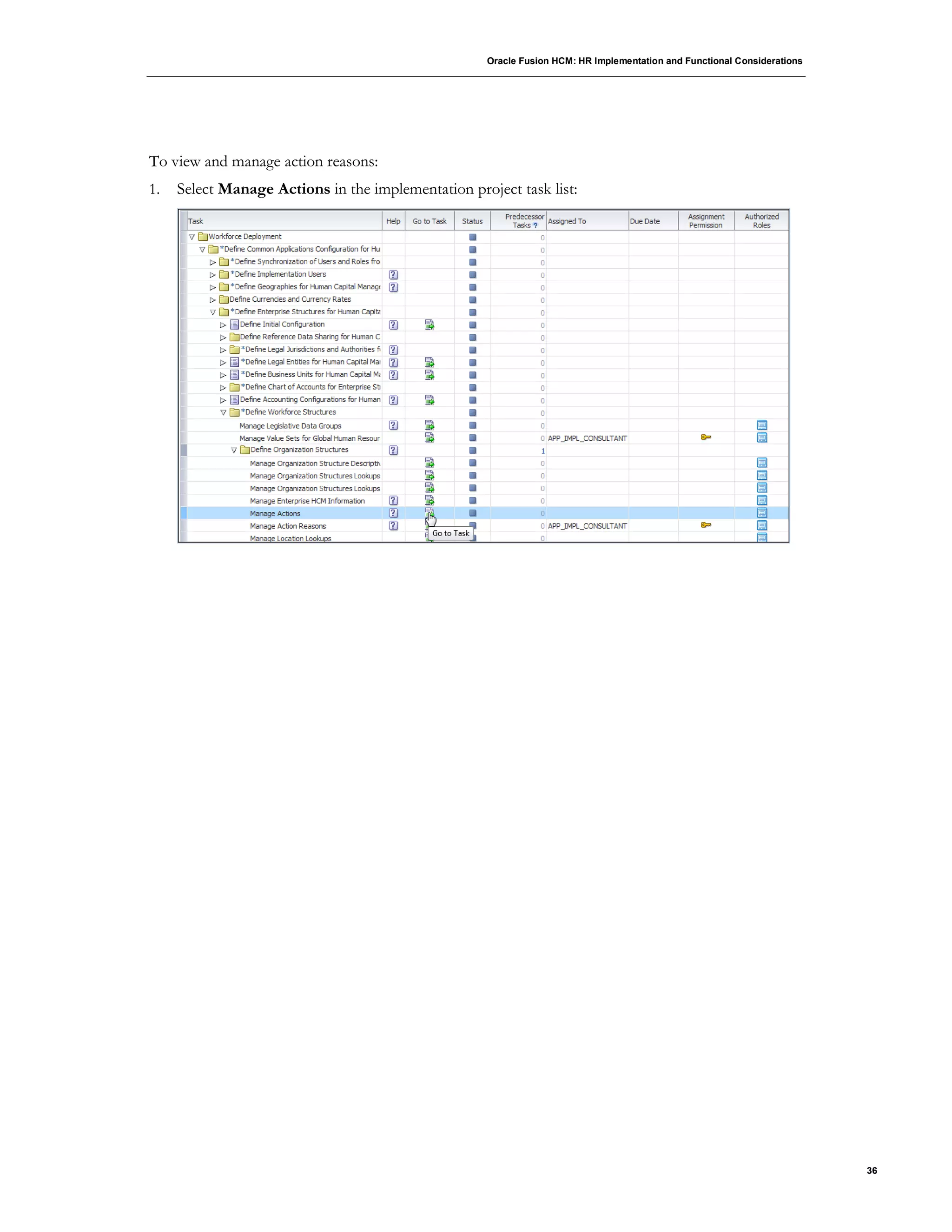Oracle Fusion HCM: HR Implementation and Functional Considerations
36
To view and manage action reasons:
1. Select Manage Actions in the implementation project task list:
 