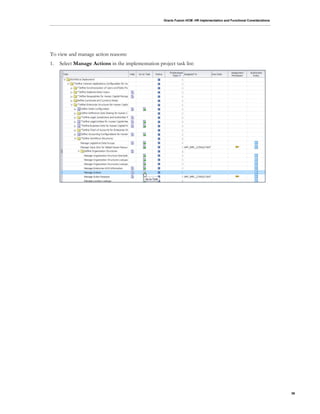 Oracle Fusion HCM: HR Implementation and Functional Considerations
36
To view and manage action reasons:
1. Select Manage Actions in the implementation project task list:
 