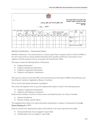 Oracle Fusion HRMS (UAE): Payroll Implementation and Functional Considerations
113
Monthly Contributions – Government Sector
Monthly Contributions - Government Sector is a statutory report that an employer needs to submit to GPSSA at
the end of each month. It contains detailed information about monthly contributions of government sector
employers and their employees that are to be paid to the Social Security Office.
This report contains the following blocks of information:
 Employer Information
 Employee Identification Information
 Employee Compensation Information
 Employee and Employer Contributions
This report can only be run for those PSU's whose Social Insurance Fund Type is GPSSA (General Pension and
Social Security Authority). Applicable for Release 10 and later.
The set up for retrieving the information is predefined.
The content that depends on the set-up of the implementation phase is related to the following sections:
 Employee Compensation Information
 Employee and Employer Contributions
Elements that contribute to each box of these sections are defined by either one of these 2 methods:
 Element Classification
 Elements feeding a specific balance
The mapping between fields in the report and element classifications or balances is documented in the UAE
Reports Mapping.xls in MOS.
Elements created at the implementation phases will contribute to the values reported in those fields:
 Having classifications that are mapped to report fields
 Feeding balances that are mapped to report fields
 